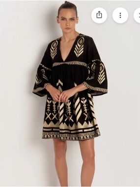 Greek Archaic Kori Grey and Gold V-Neck Embroidered Mini Dress